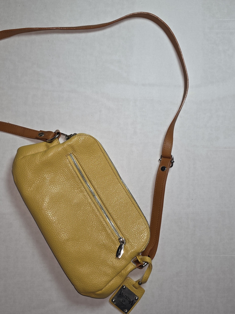 Valentina Mustard Yellow Leather Crossbody with Brown Strap